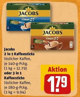 REWE Jacobs 2 in 1 Kaffesticks 140 g Pckg. oder 3 in 1 Kaffeesticks 180 g Pckg. Angebot