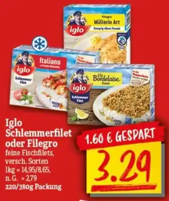 NP Discount Iglo Schlemmerfilet oder Filegro 220/380 g Packung Angebot