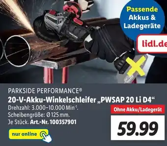 Lidl Parkside Performance 20 V Akku Winkelschleifer ,,PWSAP 20 Li D4" Angebot