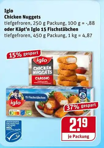 REWE Iglo Chicken Nuggets Oder Käpt'n Iglo 15 Fischstäbchen Angebot