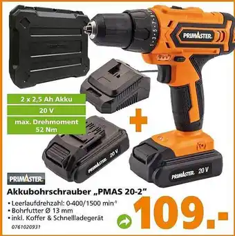 Globus Baumarkt Primaster akkubohrschrauber „pmas 20-2“ Angebot