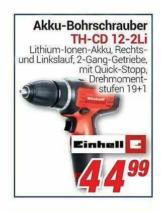 CENTERSHOP Akku-bohrschrauber Th-cd 12-2 Li Einhell Angebot