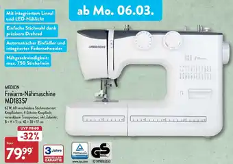 Aldi Nord Medion Freiarm Nähmaschine MD18357 Angebot