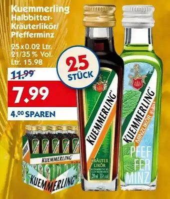 Hol'ab Getränkemarkt Kuemmerling Halbbitter Kräuterlikör/Pfefferminz 25x0,02L Angebot