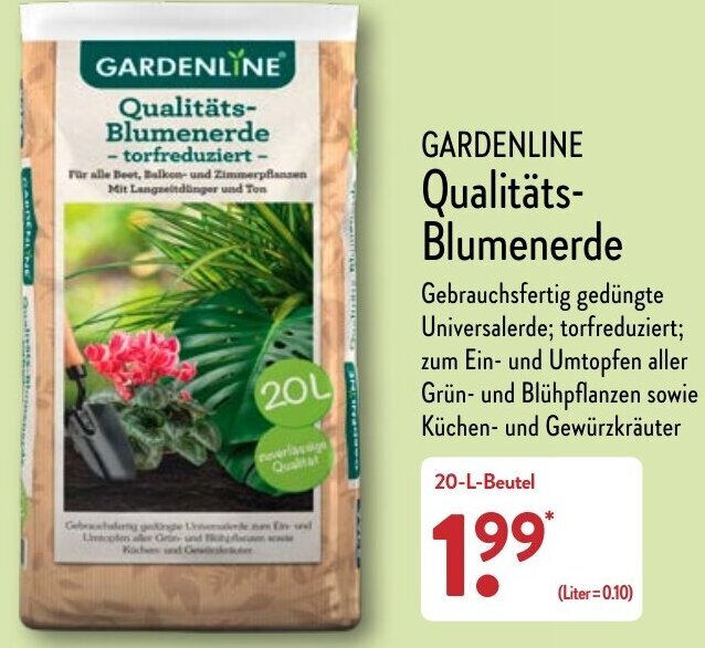 Gardenline Qualitäts Blumenerde 20 L Beutel Angebot bei Aldi Nord