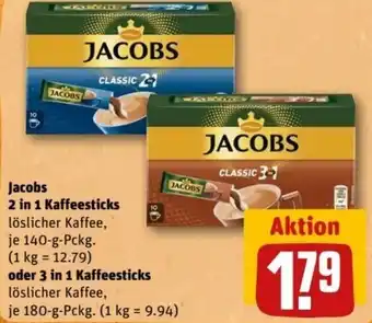 REWE Center Jacobs 2in1 Kaffeesticks 140 g oder 3in1 Kaffeesticks Löslicher Kaffee 180 g Pckg. Angebot