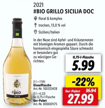 Lidl 2021 #Bio Grillo Sicilia DOC 0,75 L Flasche Angebot