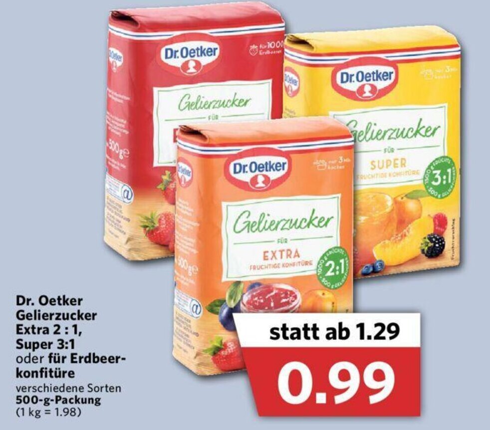 Dr. Oetker Gelierzucker Extra 21, Super 31 oder für Erdbeerkonfitüre 500g Angebot bei Combi