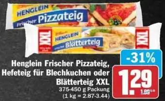 Hit Henglein Frischer Pizzateig, Hefeteig für Blechkuchen oder Blätterteig XXL 375-450 g Packung Angebot