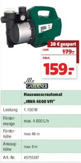 Hagebau Mr. Gardener Hauswasserautomat HWA 4600 VFI Angebot