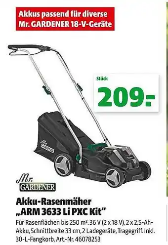 Hagebau Mr gardener akku-rasenmäher arm 3633 li pxc kit Angebot