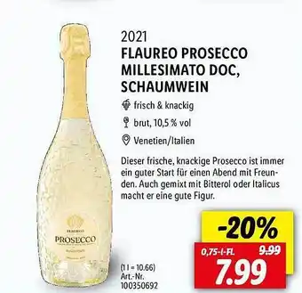 Lidl 2021 flaureo prosecco millesimato doc, schaumwein Angebot