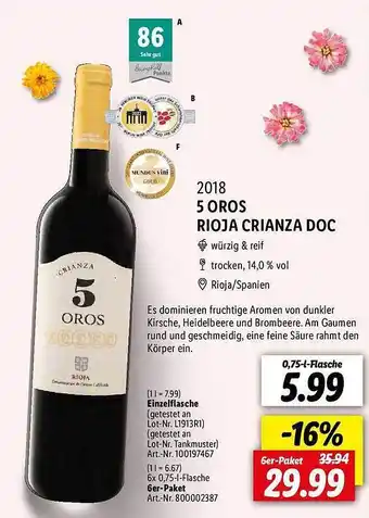 Lidl 2018 5 oros rioja crianza doc Angebot