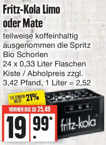 Edeka Fritz Kola Limo oder Mate 24x0,33 Liter Flaschen Angebot