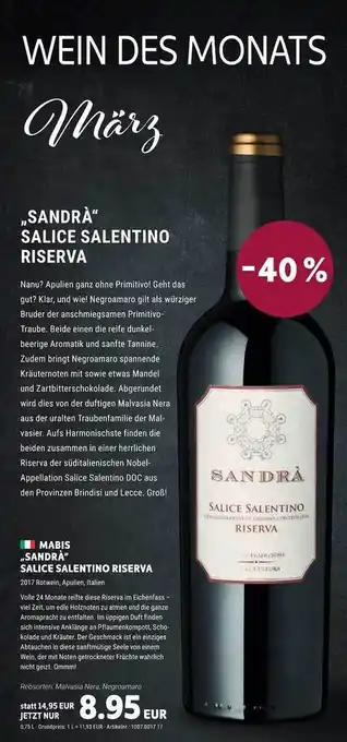 Vino Weinmarkt Mabis „sandrà“ salice salentino riserva Angebot