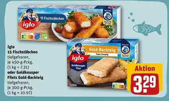 REWE Iglo 15 fischstäbchen oder goldknusper filets gold-backteig Angebot