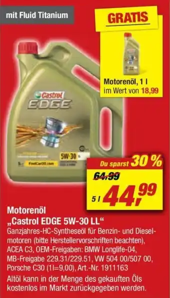 toom Baumarkt Castrol Edge Motorenöl 5W-30 LL Angebot