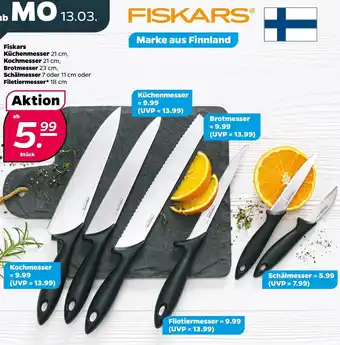 NETTO Fiskars Küchenmesser 21 cm, Kochmesser 21 cm, Brotmesser 23 cm, Schälmesser 7 oder 11 cm oder Filetiermesser 18 cm Angebot