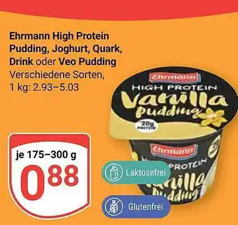 Globus Ehrmann high protein pudding, joghurt, quark, drink oder veo pudding Angebot