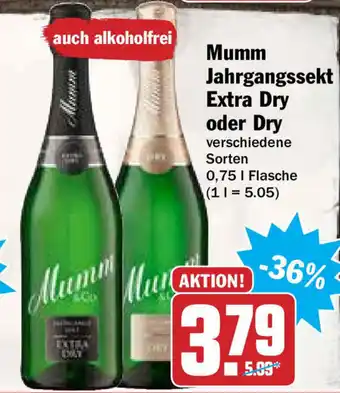 Hit Mumm Jahrgangssekt Extra Dry oder Dry 0,75L Angebot