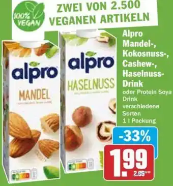 Hit Alpro Mandel, Kokosnuss, Cashew, Haselnuss Drink 1 L Packung Angebot