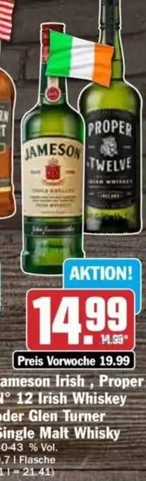 Hit Jameson Irish, Proper No. 12 Irish Whiskey oder Glen Turner Single Malt Whisky 0,7 L Flasche Angebot