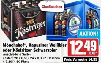 Hit Mönchshof, Kapuziner Weißbier oder Köstritzer Schwarzbier 20x0,5 L/24x0,33 L Flaschen Angebot