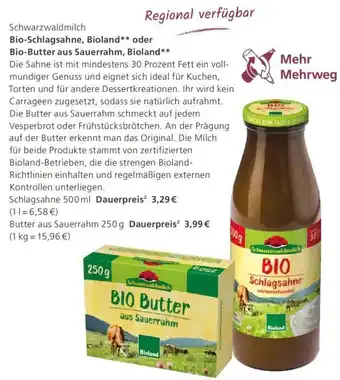 Alnatura Schwarzwaldmilch Bio Schlagsahne, Bioland oder Bio Butter aus Sauerrahm, Bioland 500 ml/250 g Angebot