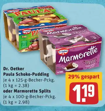 REWE Dr. Oetker Paula Schoko Pudding  4x125g oder Marmorette Splits 4x100g Angebot