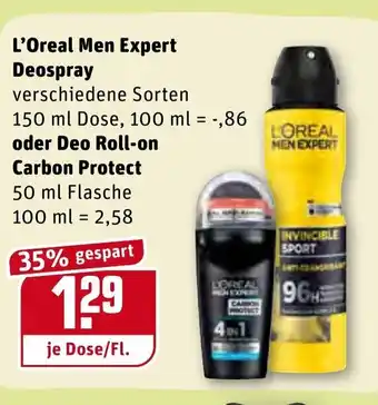 REWE L'Oreal Men Expert Deospray 150ml oder Deo Roll On Carbon Protect 50ml Angebot