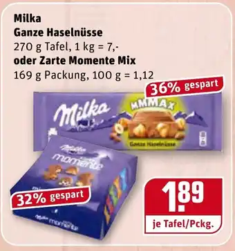 REWE Milka Ganze Haselnüsse 270g oder Zarte Momente Mix 169g Angebot