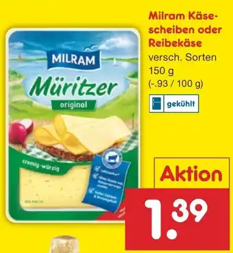 Netto Marken-Discount Milram Käsescheiben oder Reibekäse 150g Angebot