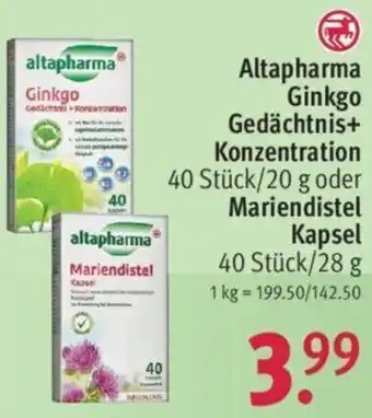 Rossmann Altapharma Ginkgo Gedächtnis + Konzentration 40 Stück/20 g oder Mariendistel Kapseln 40 Stück/28 g Angebot