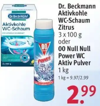 Rossmann Dr. Beckmann Aktivkohle WC Schaum Zitrus 3x100 g oder 00 Null Null Power WC Aktiv Pulver 1 kg Angebot