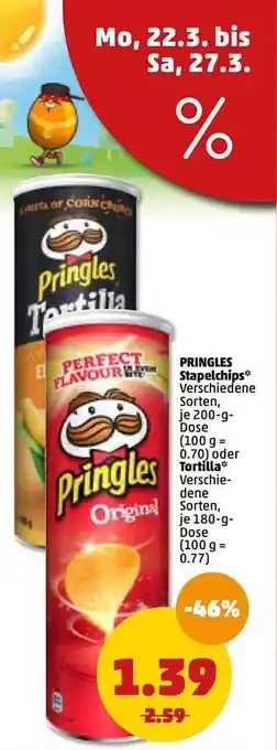 PENNY Pringles Stapelchips 200g oder Tortilla 180g Angebot