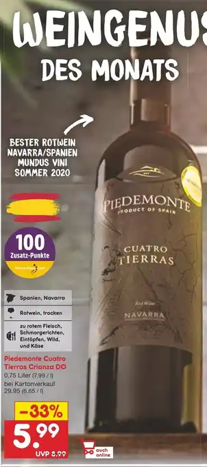 Netto Marken-Discount Piedemonte Cuatro Tierras Crianza DO 0,75L Angebot