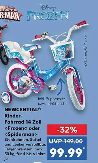 Kaufland Newcential kinder-fahrrad 14 zoll „frozen“ oder „spiderman“ Angebot