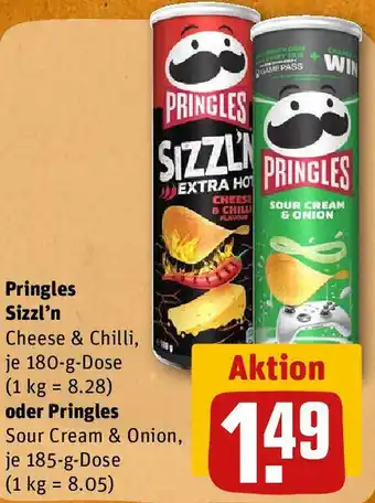 REWE Pringles Sizzl'n Cheese & Chili 180 g oder Pringles Sour Cream & Onion 185 g Dose Angebot