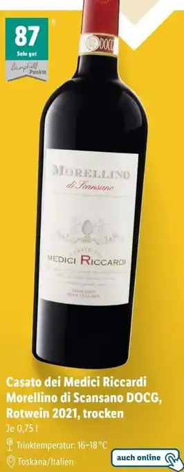 Lidl Casato dei Medici Riccardi Morellino di Scansano DOCG, Rotwein 2021, trocken 0,75 L Angebot