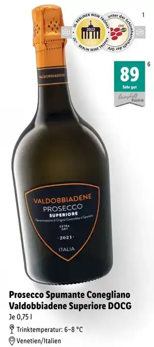 Lidl Prosecco Spumante Conegliano Valdobbiadene Superiore DOCG 0,75 L Angebot