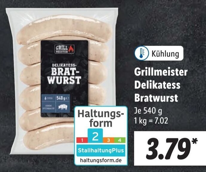 Grillmeister Delikatess Bratwurst 540 g Angebot bei Lidl