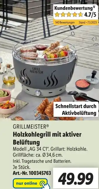 Lidl Grillmeister Holzkohlegrill mit aktiver Belüftung AG 34 C1 Angebot