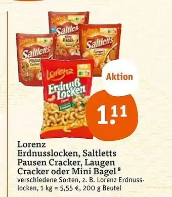 tegut Lorenz erdnusslocken, saltletts pausen cracker, laugen cracker oder mini bagel Angebot