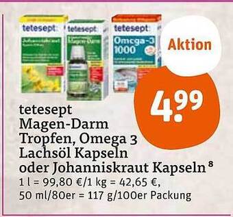 tegut Tetesept magen-darm tropfen, omega 3 lachsöl kapseln oder johanniskraut kapseln Angebot