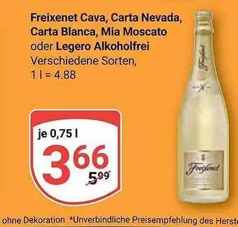 Globus Freixenet cava, carta nevada, carta blanca, mia moscato oder legero alkoholfrei Angebot