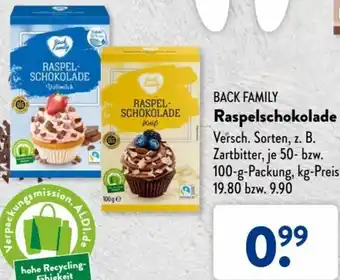 Aldi Süd Back Family Raspelschokolade 50-100 g Packung Angebot