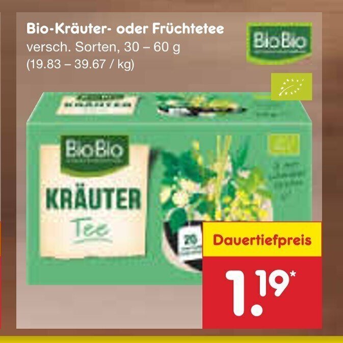 BioBio BioKrauter o. Fruchtetee 3060g Angebot bei Netto MarkenDiscount