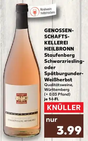 Kaufland Genossenschafts Kellerei Heilbronn Staufenberg Schwarzriesling oder Spätburgunder Weißherbst 1 L-Fl. Angebot