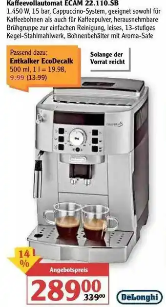 Globus Kaffeevollautomat Ecam 22.110.sb Deloghi Angebot