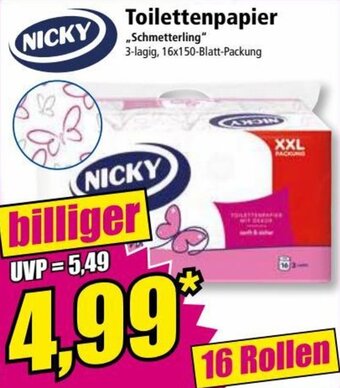 Norma Nicky Toilettenpapier Schmetterling 3-lagig, 16x150 Blatt Packung Angebot